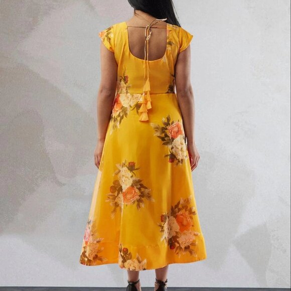 Floral Print Yellow Organza Below-Knee Dress | Muvvas Boutique - Picture 4 of 5